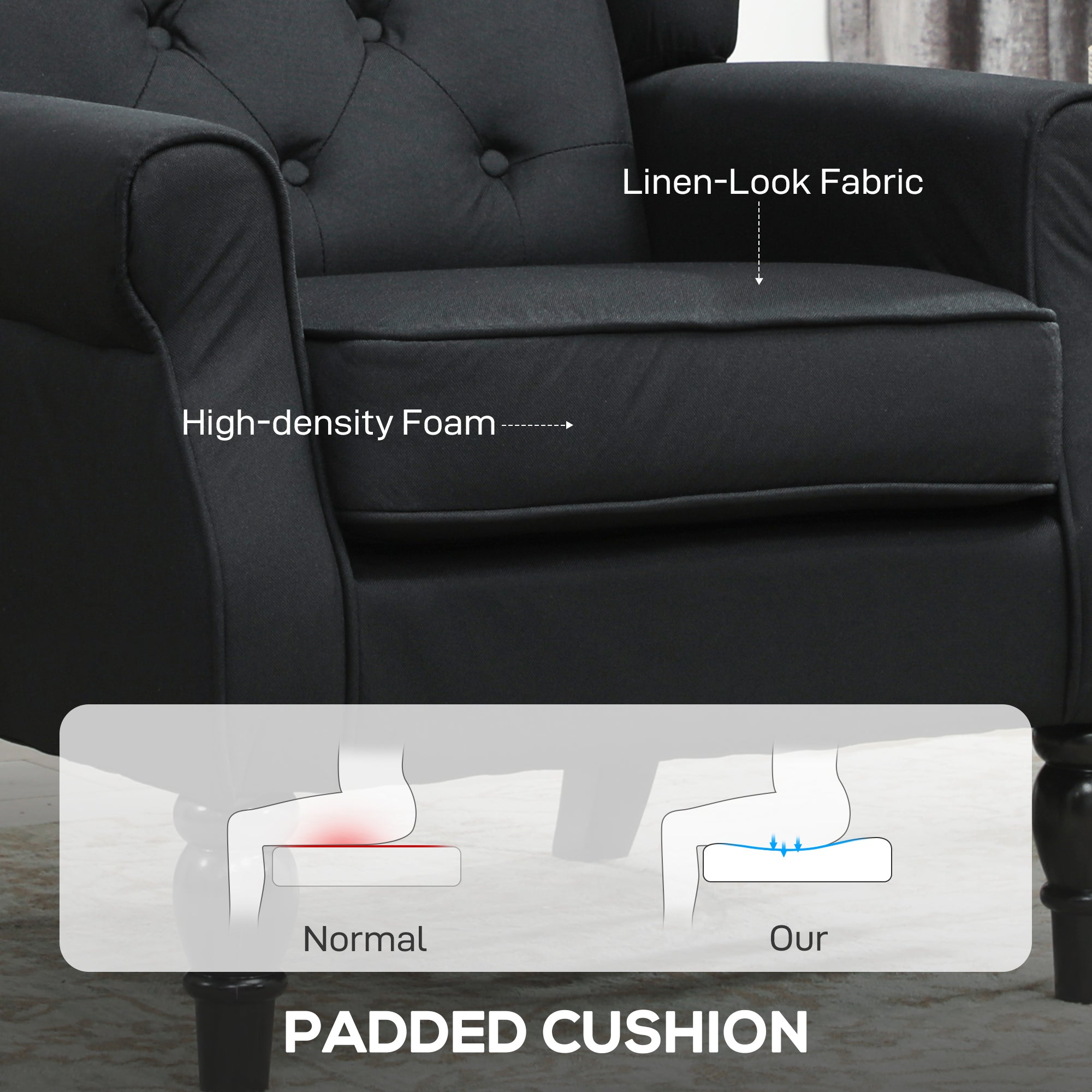 HOMCOM Retro Accent Chair, Linen Wingback Armchair with Wood Frame Button Tufted Design for Living Room Bedroom, Black