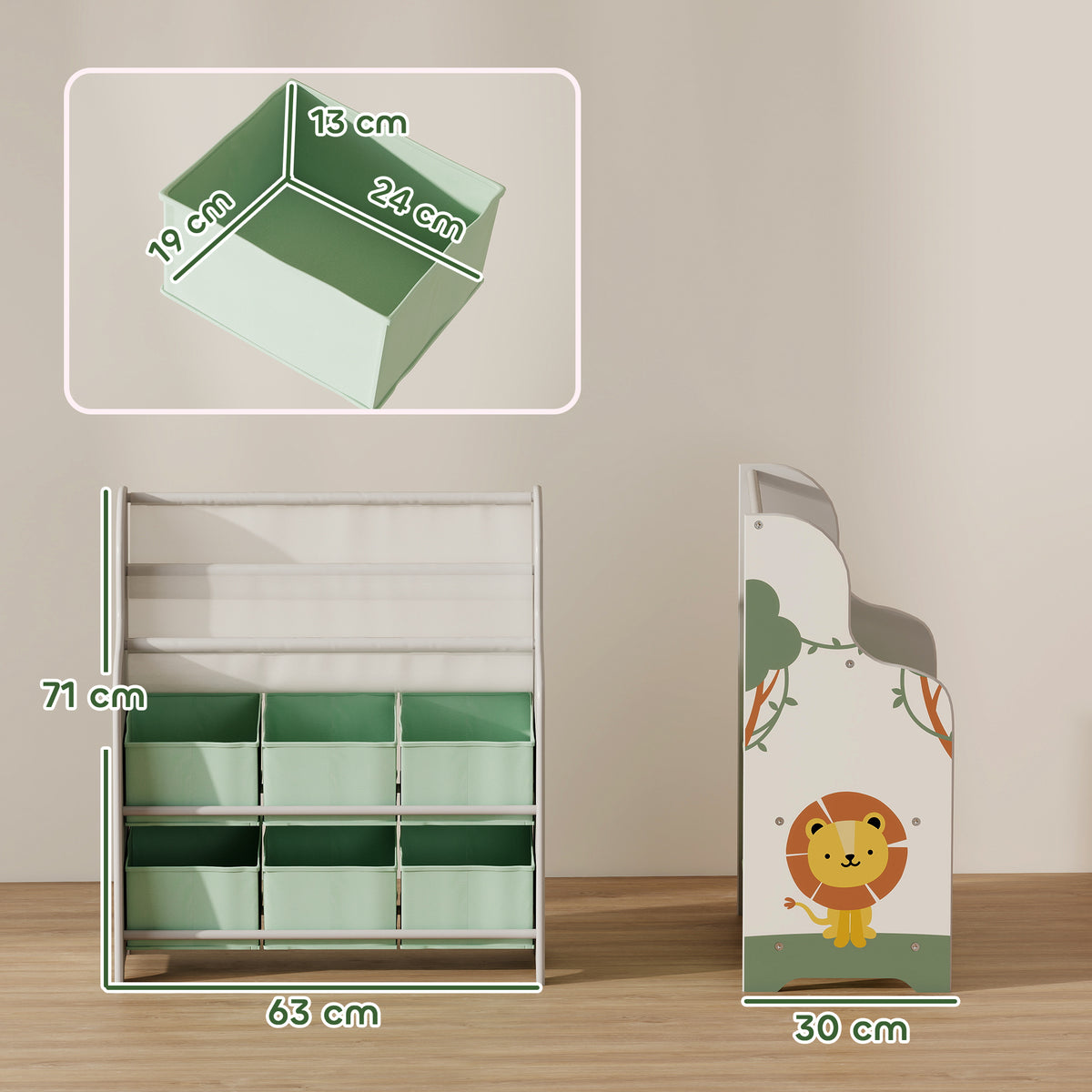 AIYAPLAY Kids Storage Unit, Toy Organiser with 6 Fabric Drawers and 2-Tier Sling Book Rack for Bedroom, Playroom, Nursery, Green