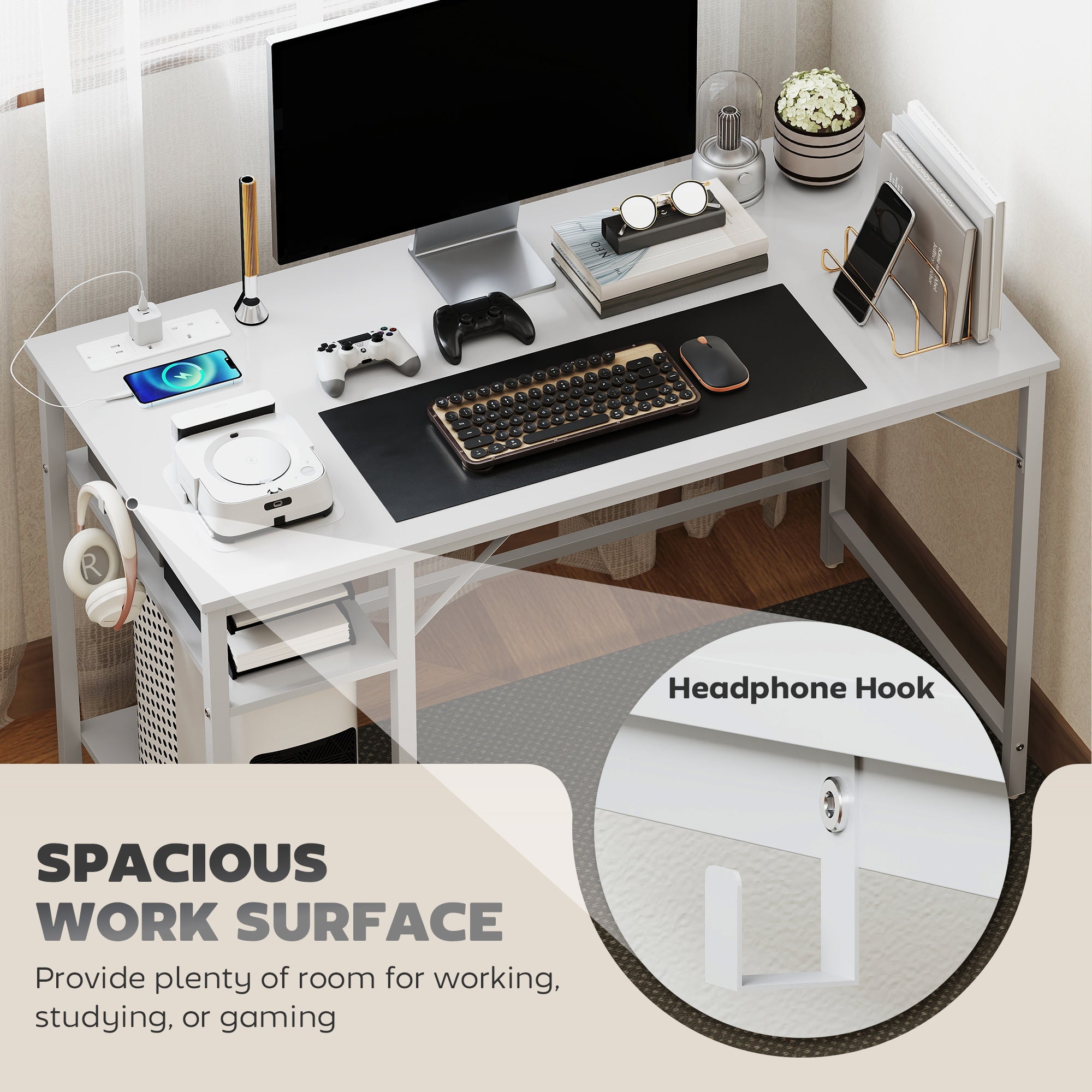 HOMCOM Computer Desk, with Power Sockets - White