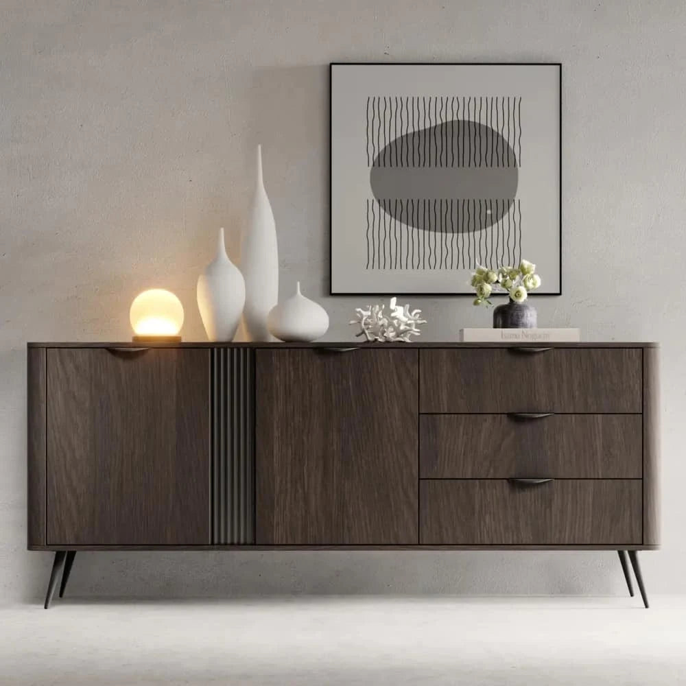 Veris Sideboard Cabinet 195cm styled in a bright room with vases and a lamp on top