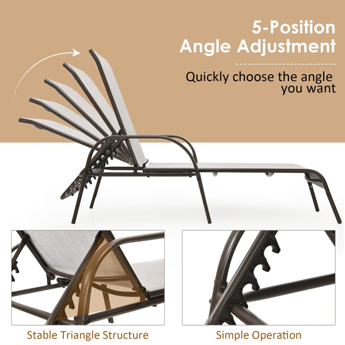 Versatile Chaise Lounge Chair with 5 Adjustable Positions Iron Construction-Grey
