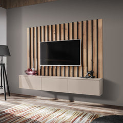 Verti II Entertainment Unit For TVs Up To 75" mounted on a wall with a wooden slat back panel