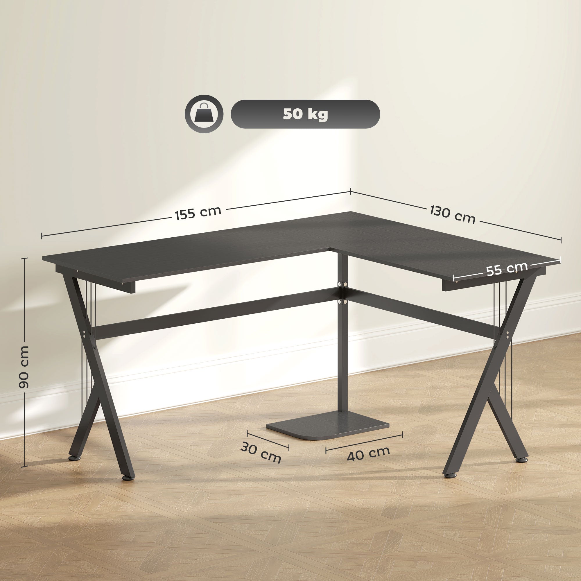 HOMCOM L Shaped Gaming Desk, 155 x 130cm Corner Computer Desk with CPU Stand for Home Office, Study Workstation, Black