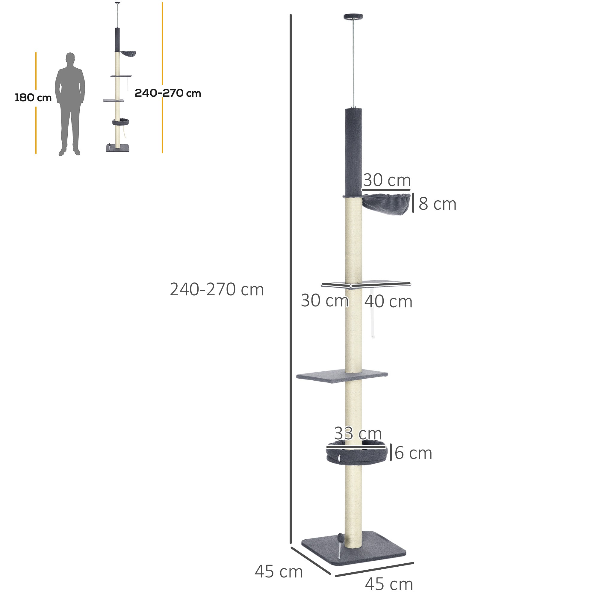 PawHut 240-270cm Floor-To-Ceiling Cat Tree, 5 Tier Cat Climbing Tower, with Bed, Hammock, Platforms, Dark Grey and Cream