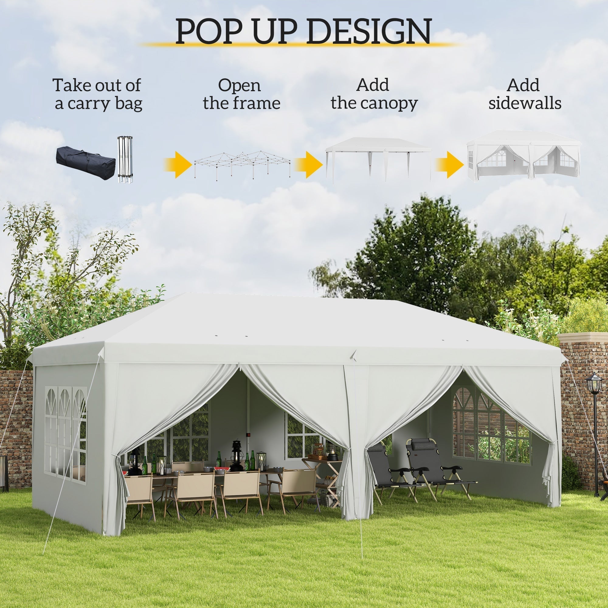 Outsunny 3 x 6 m Garden Pop Up Gazebo, Wedding Party Tent Marquee, Water Resistant Awning Canopy with Sidewalls, Windows, Carry Bag, White