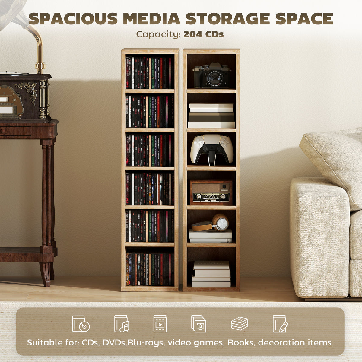 HOMCOM Set of 2 CD Media Display Shelf Unit Tower Rack with Adjustable Shelves, Oak
