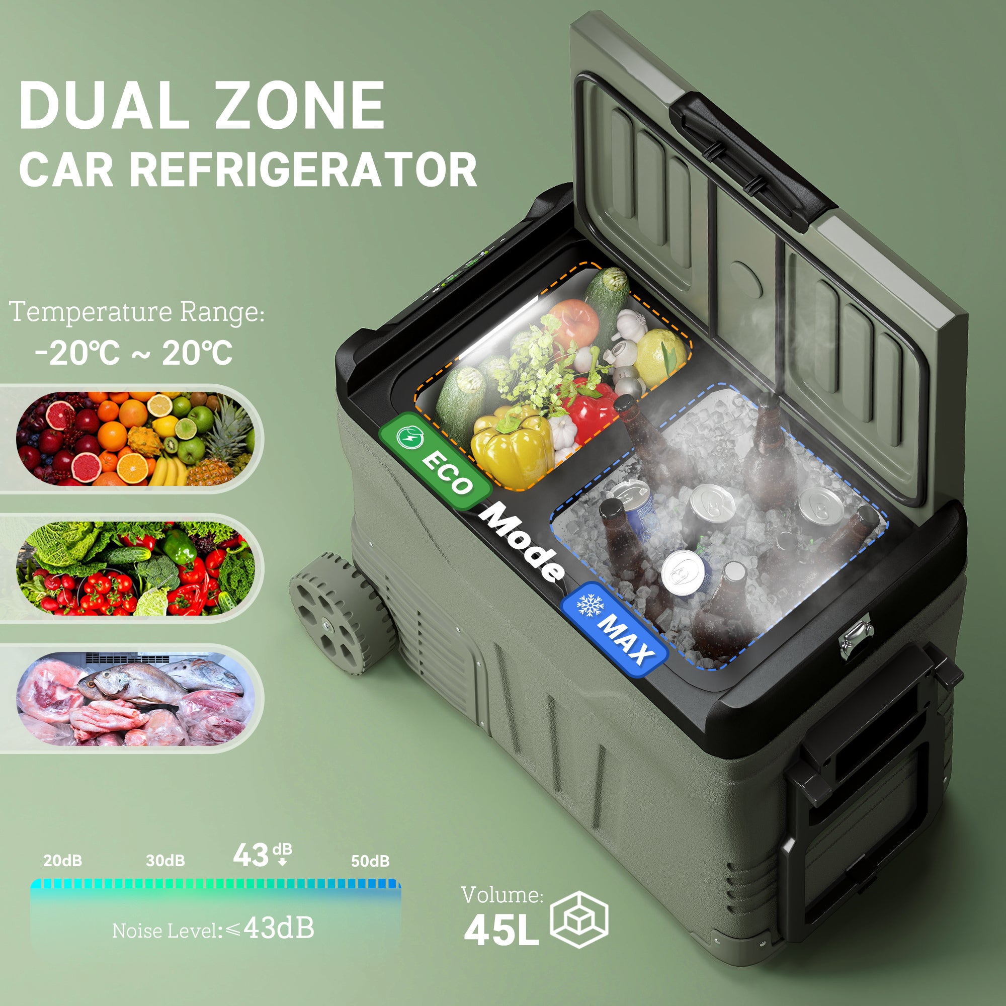 Outsunny 45L Two Compartment Car Fridge Cooler - Green