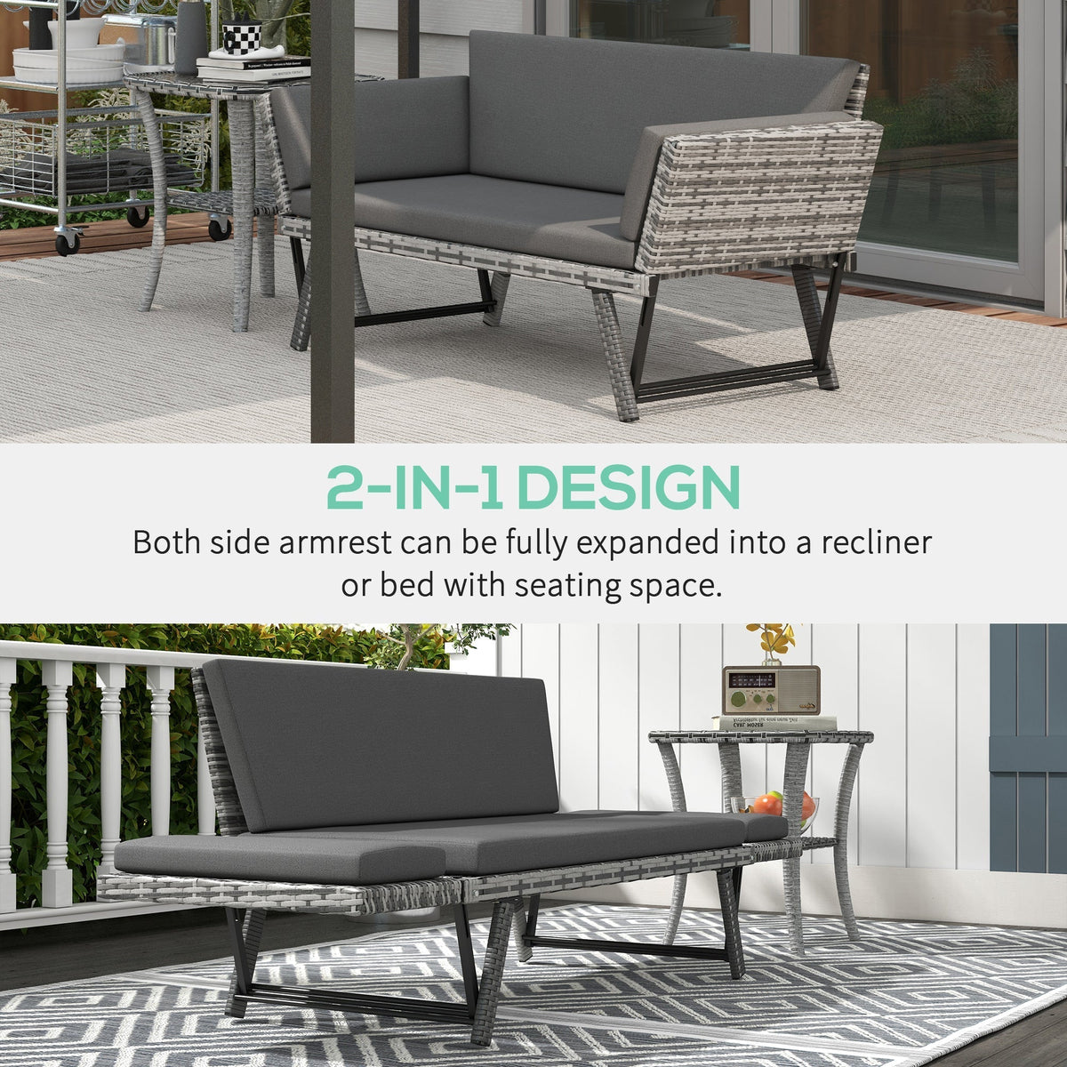 Outsunny 2 Seater Rattan Sofa with Cushions, 2-in-1 PE Rattan Daybed Sofa with Left Up or Down Armrests, Garden Chaise Lounger Loveseat for Outdoor, Patio, Mixed Grey