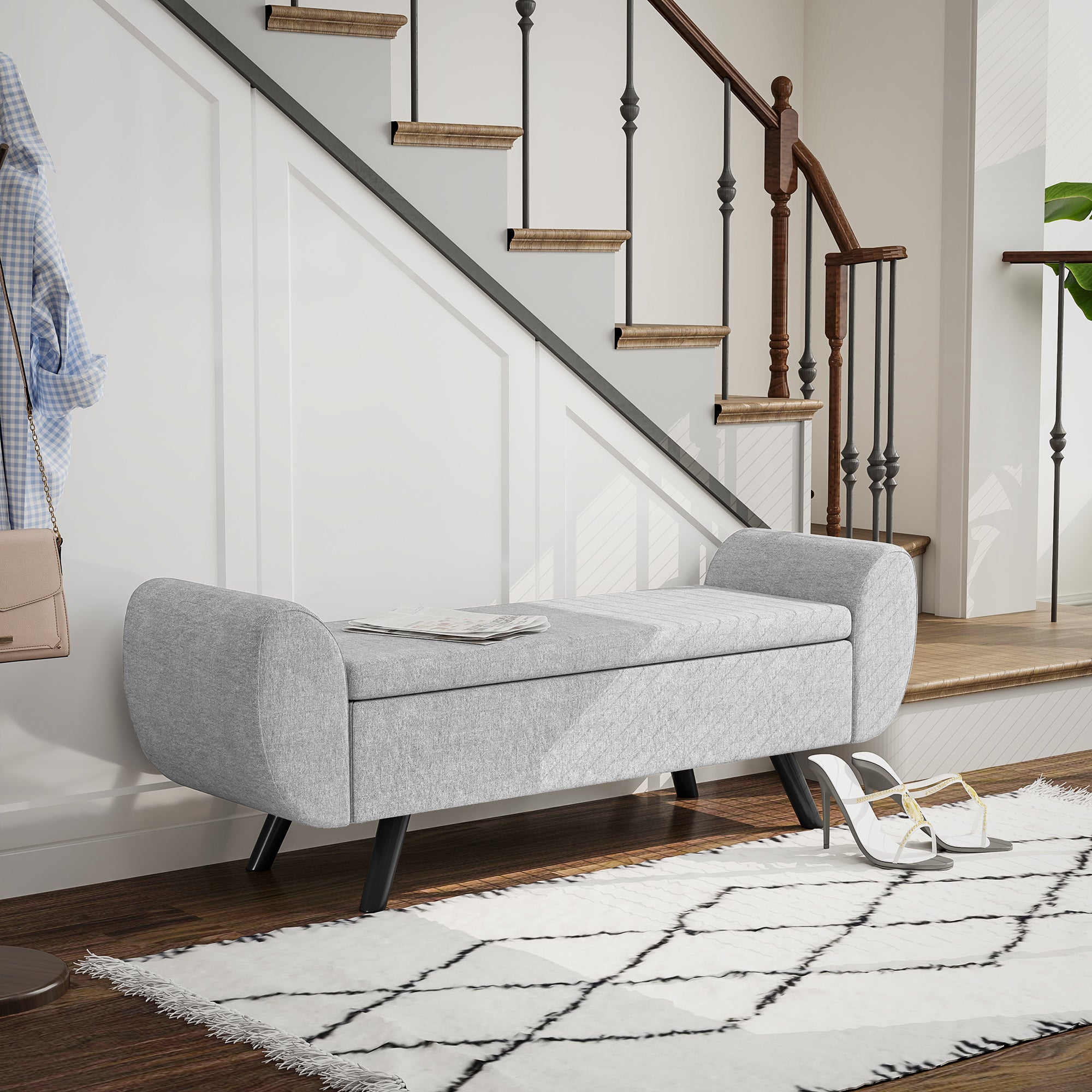 HOMCOM Storage Ottoman with Armrest, Upholstered Linen Storage Bench, Window Seat with Rubberwood Legs, Footstool for Bedroom Living Room, Hallway, Dark Grey