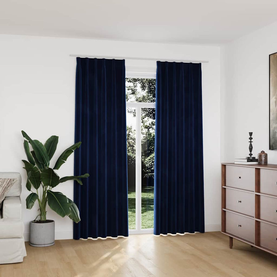 Blackout Curtains 2 pcs with Hooks Velvet Dark Blue