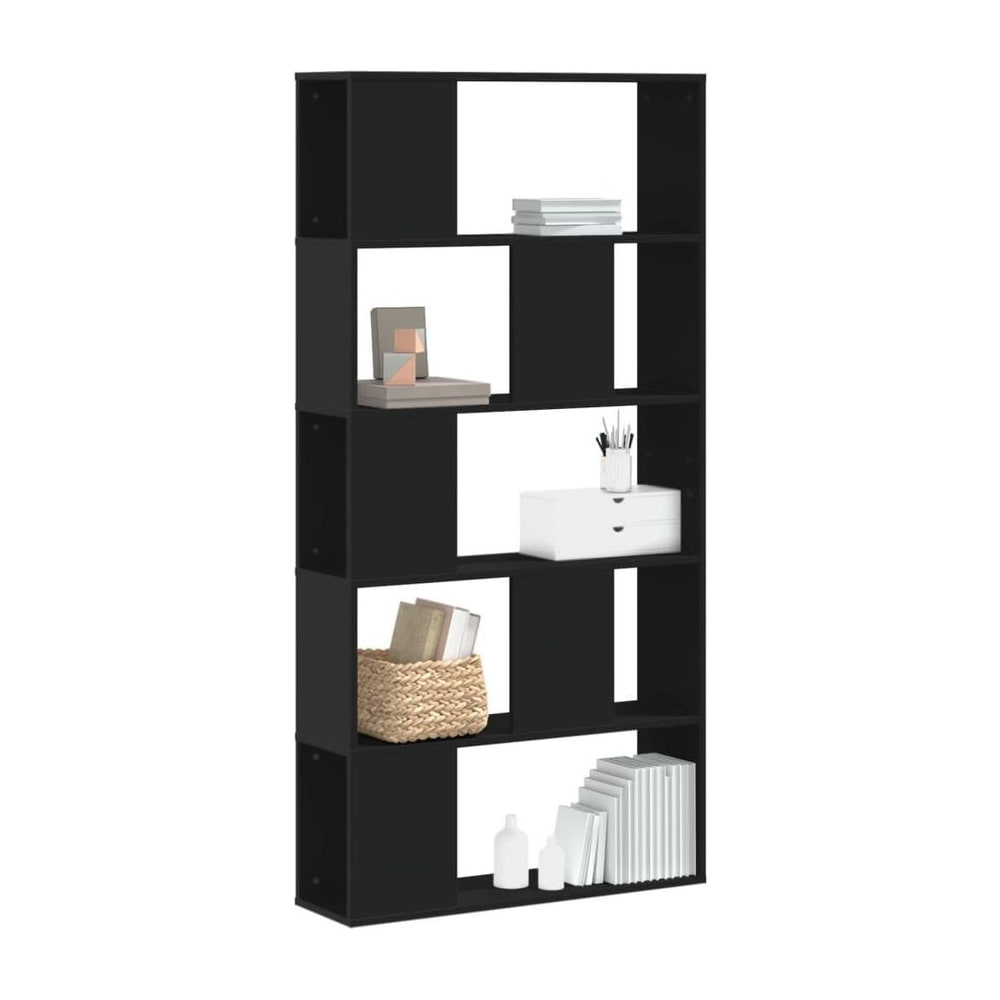 Bookcase 5-Tier Black Engineered Wood