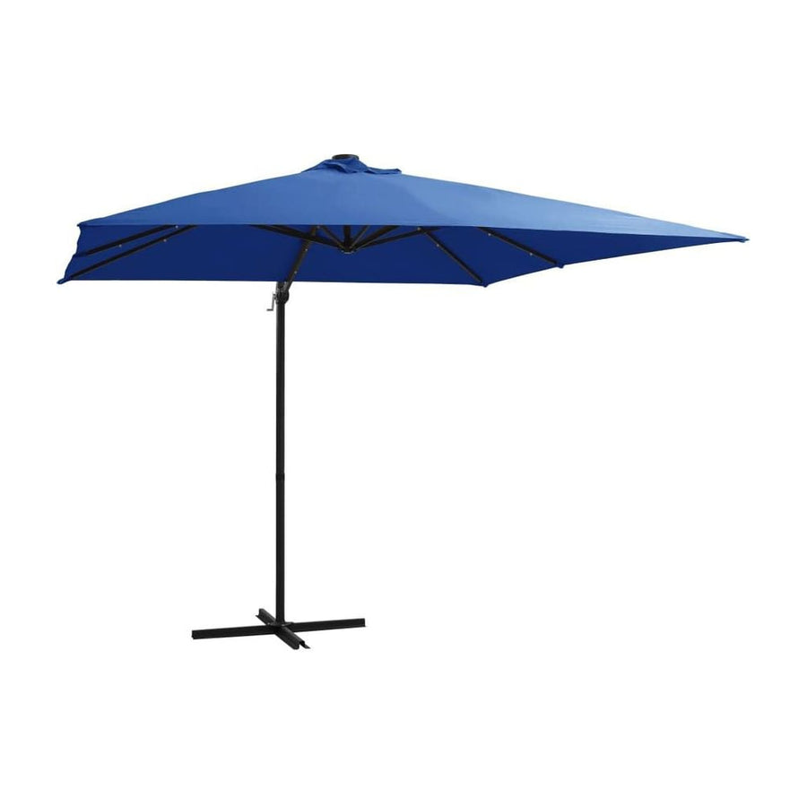 vidaXL Cantilever Garden Parasol with LED lights and Pole, a blue rectangular umbrella with a black pole and base