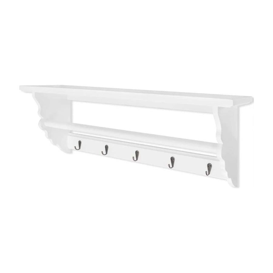 Coat Rack White Baroque Style shown from a high angle with a shelf and five metal hooks