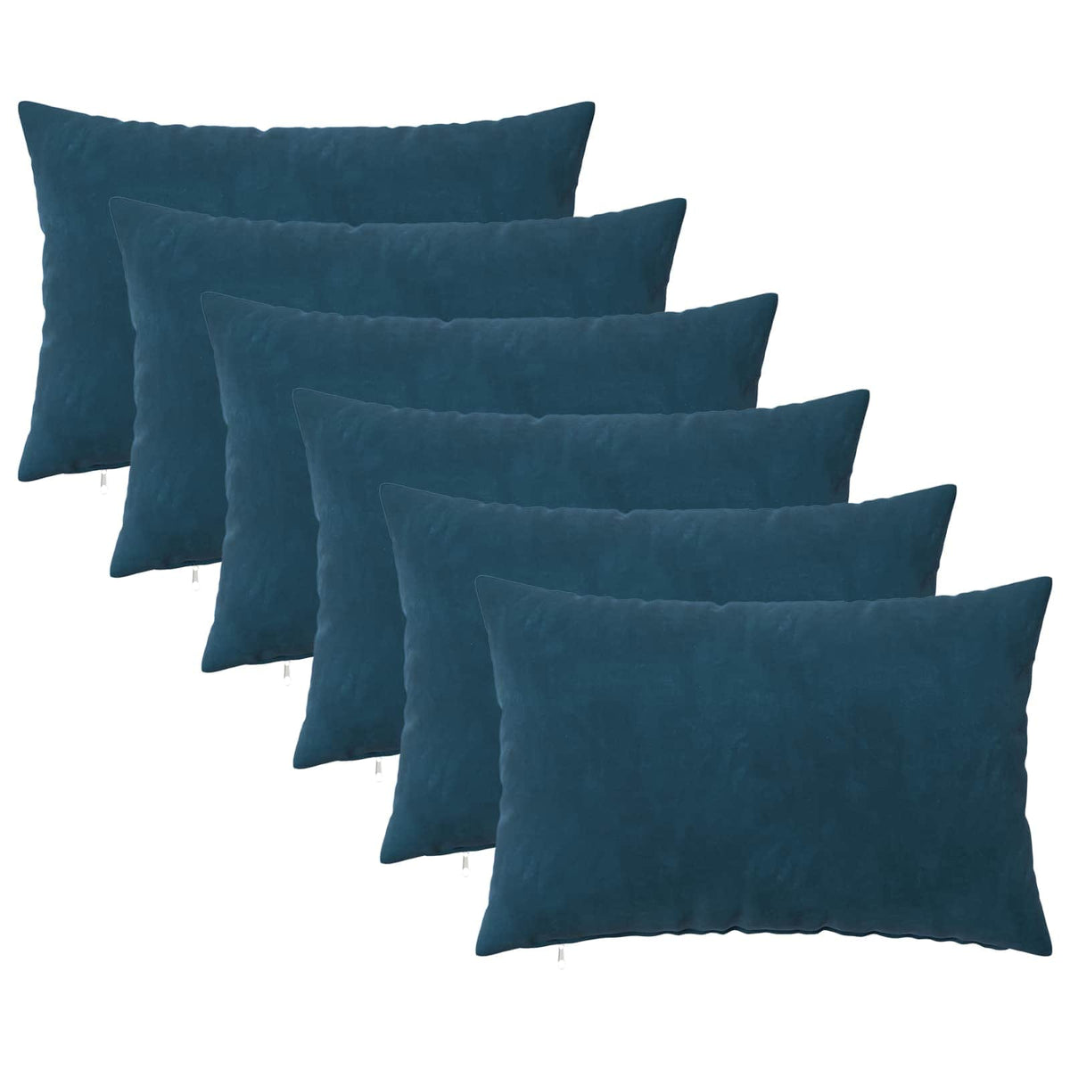 six blue velvet cushion covers arranged in a group