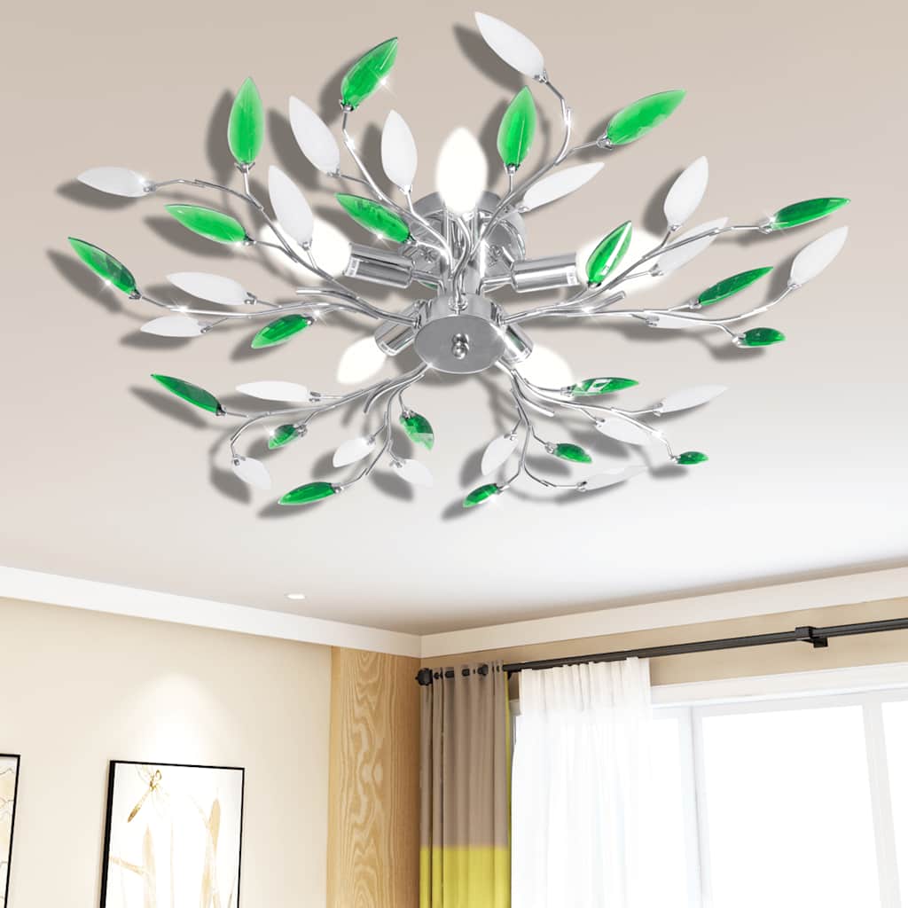 241478 Green & White Ceiling Lamp with Acrylic Crystal Leaf Arms for 5 E14 Bulbs 1