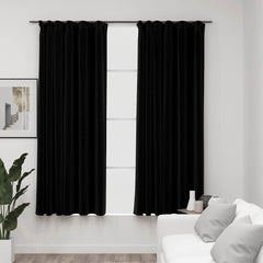 Linen-Look Blackout Curtains with Hooks 2 pcs Black