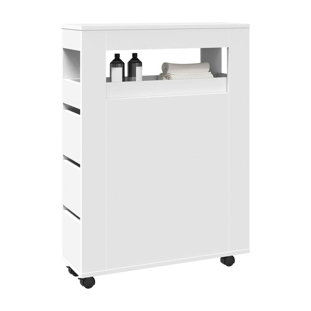 Narrow Bathroom Cabinet with Wheels White Engineered Wood