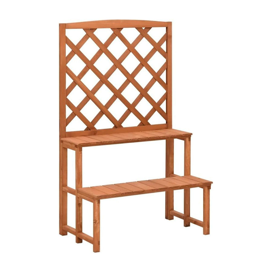 Plant Stand with Trellis Solid Fir Wood, a wooden structure with two shelves and a trellis back