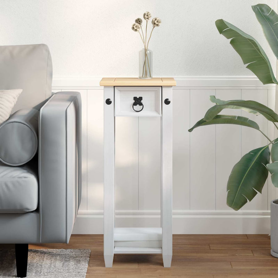 vidaXL Plant Stand White Solid Pine Wood next to a sofa with a plant on top