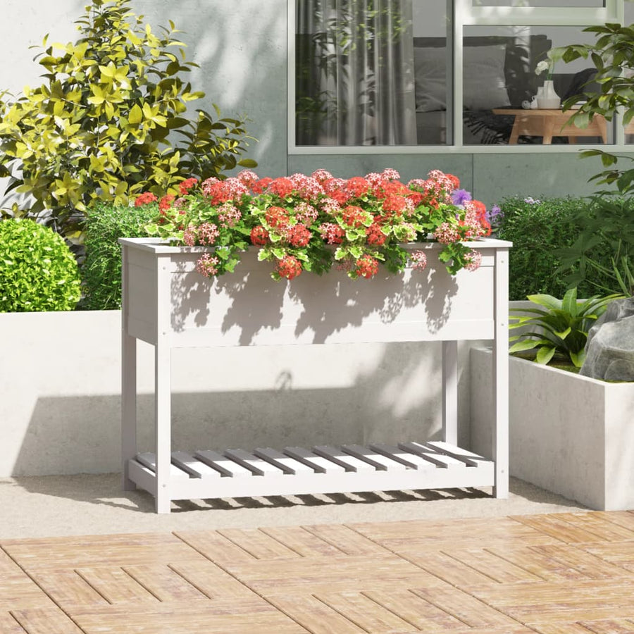 Planter with Shelf White Solid Wood Pine