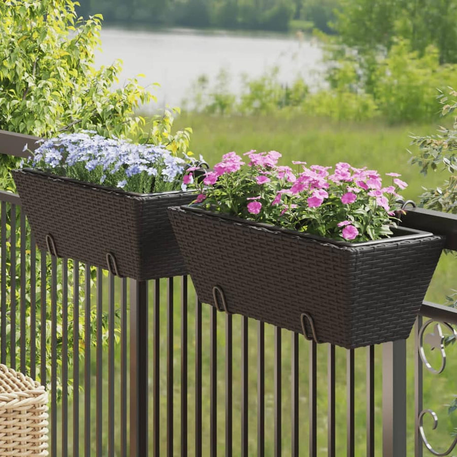 vidaXL Planters with hooks 2 pcs Black Poly Rattan attached to a railing with flowers