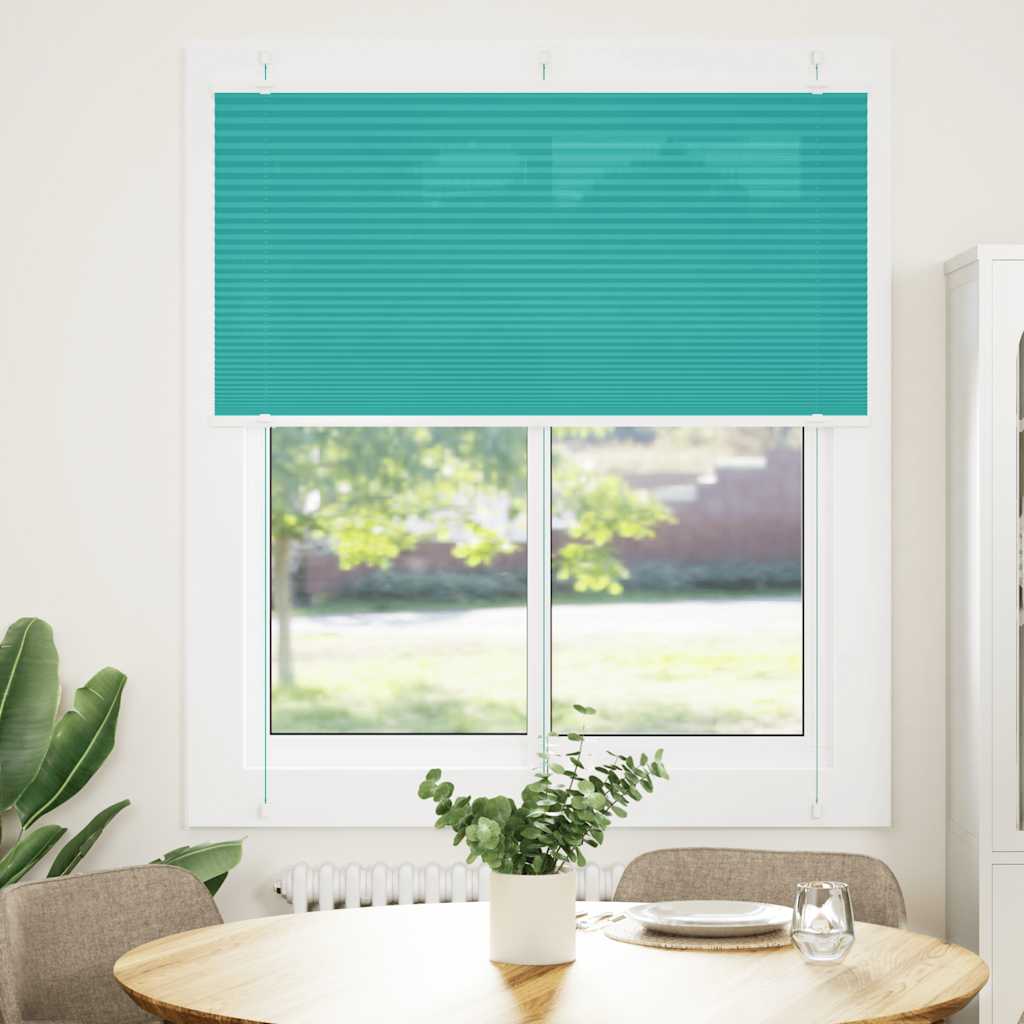 vidaXL Pleated Blind Petrol Green 120x150 cm fabric width 119.4 cm, shown fitted in a room