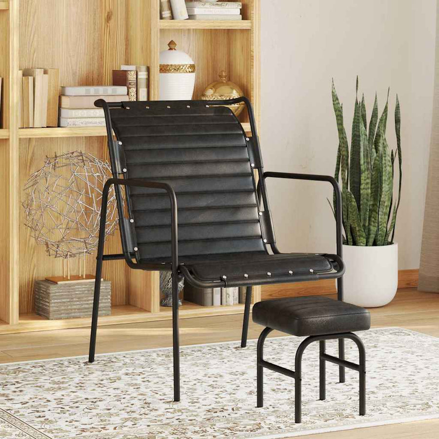 Relaxing Armchair with a Footrest Black Real Leather