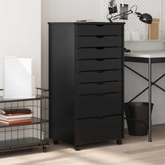 Rolling Cabinet with Drawers "MOSS" Black Solid Wood Pine