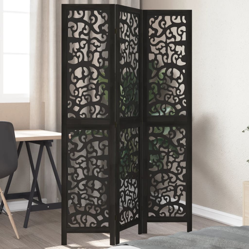 Room Divider 3 Panels Black Solid Wood Paulownia