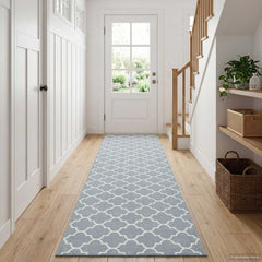vidaXL Rug Runner ORIZ 1150 gsm Grey and White laid out on a wooden hallway floor