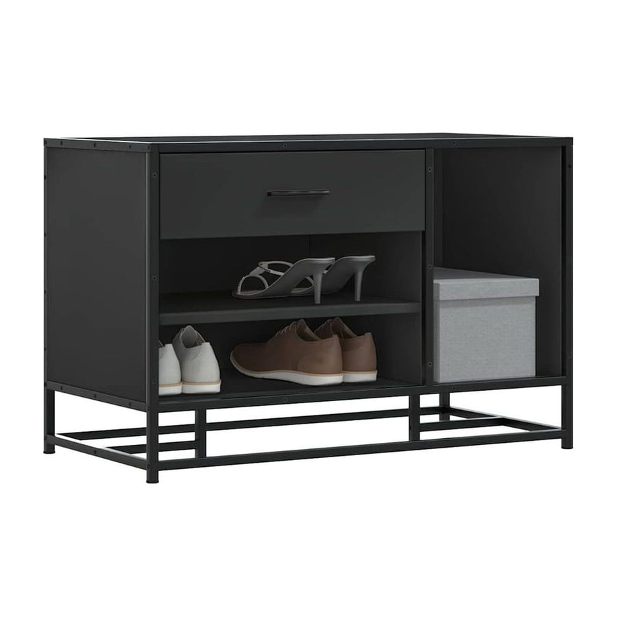 vidaXL Shoe Bench Black Engineered Wood and Metal, a storage and entryway bench with a drawer and shelves