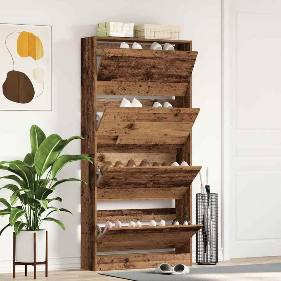 vidaXL Shoe Cabinet Engineered Wood Old Wood with four flip-down doors showing shoes inside