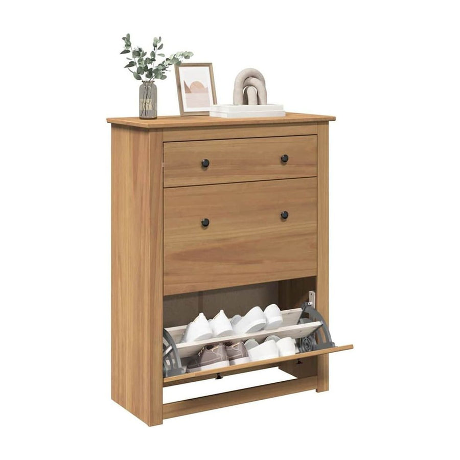 vidaXL Shoe Cabinet "PANAMA" Solid Wood Pine with two drawers and a shoe rack with doors open