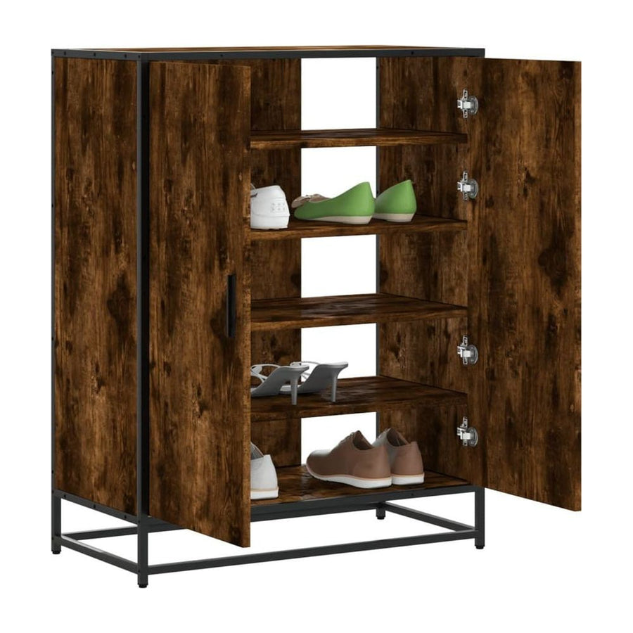 vidaXL Shoe Cabinet Smoked Oak Engineered Wood and Metal with doors open showing internal shelves