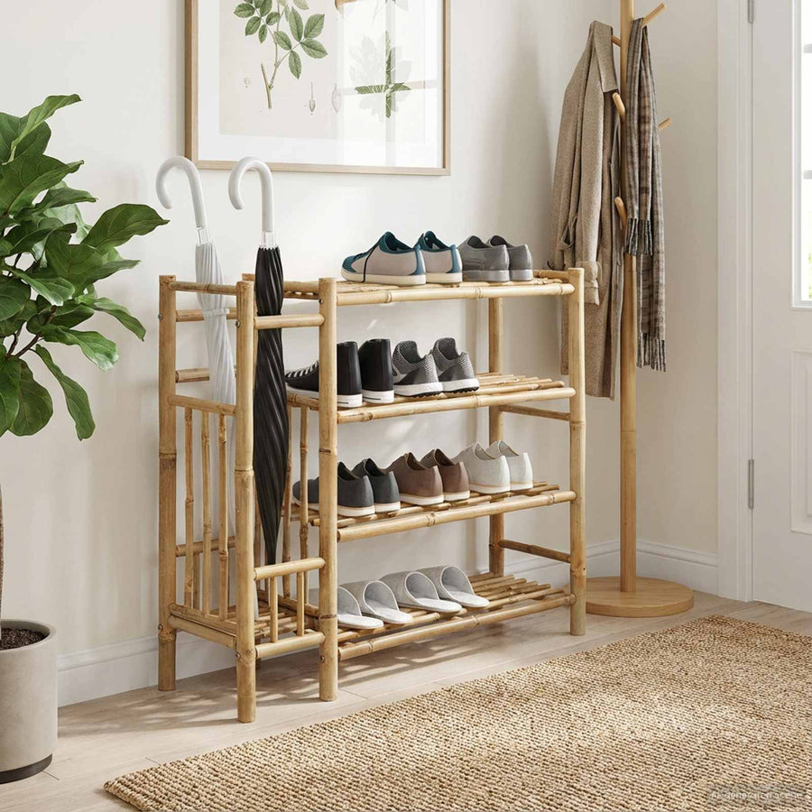 vidaXL Shoe Rack Natural placed in a hallway with shoes and umbrellas stored on its shelves