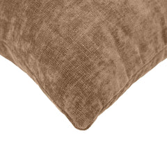 close up of the corner of a brown chenille throw pillow