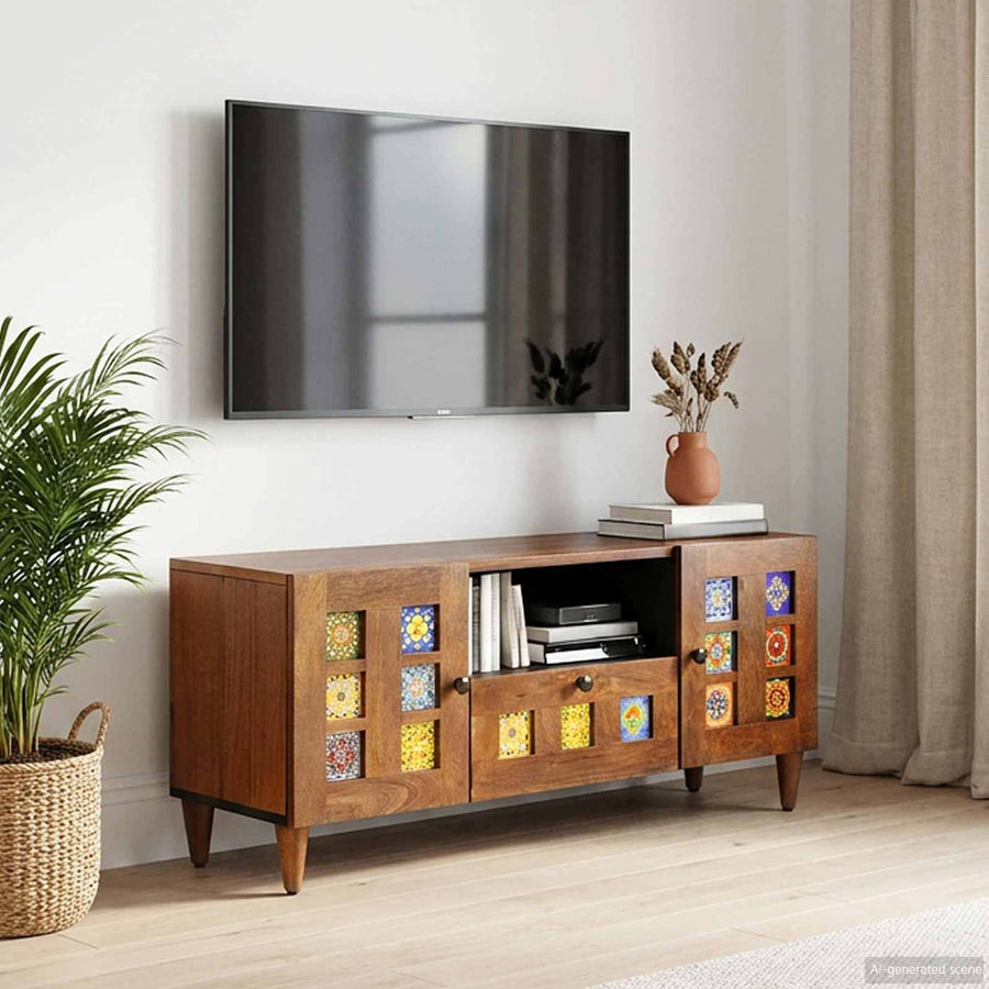 TV Cabinet with Drawer Walnut Solid Mango Wood