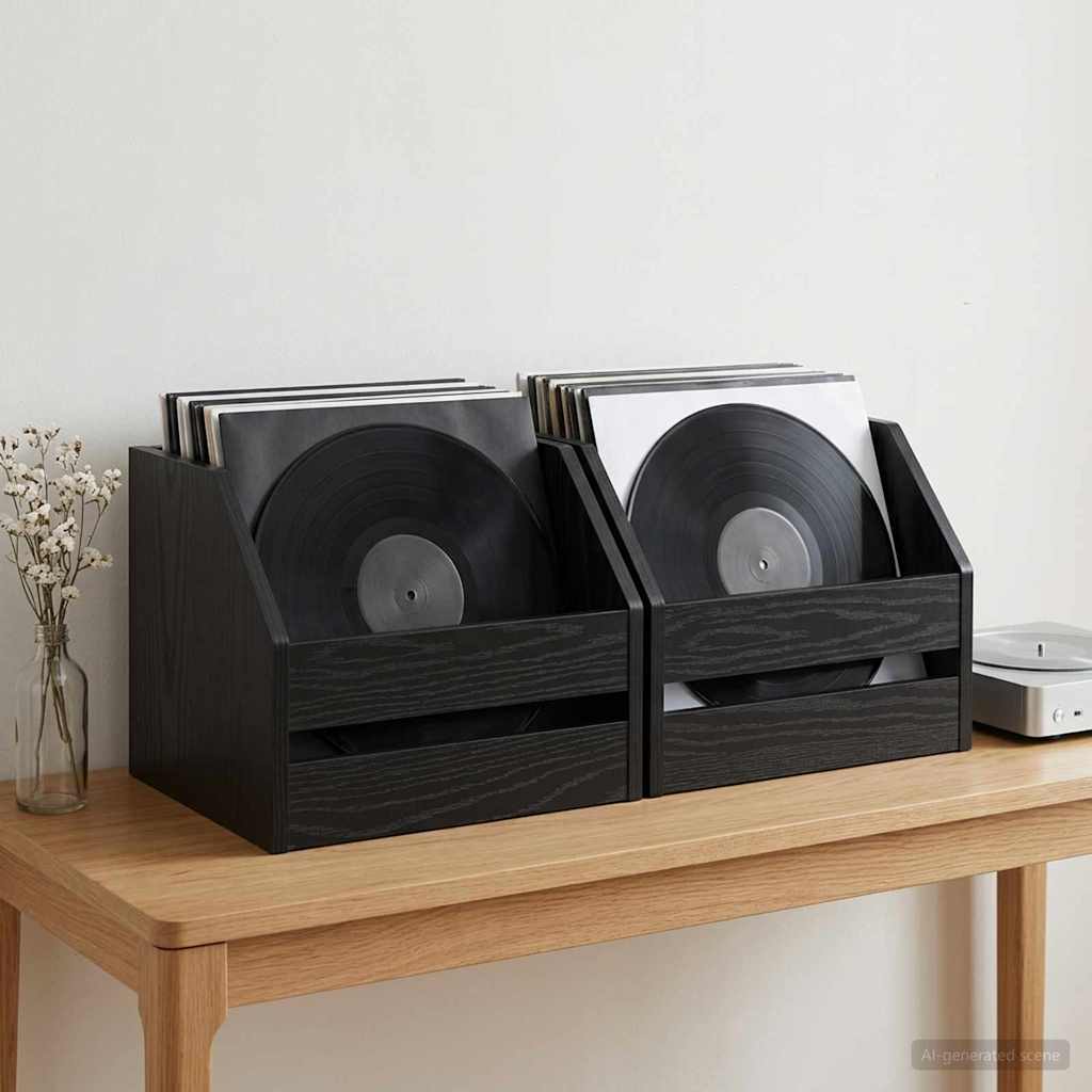 vidaXL Vinyl Album Box 2 pcs Black Oak 38 x 30 x 29 cm Engineered Wood 1