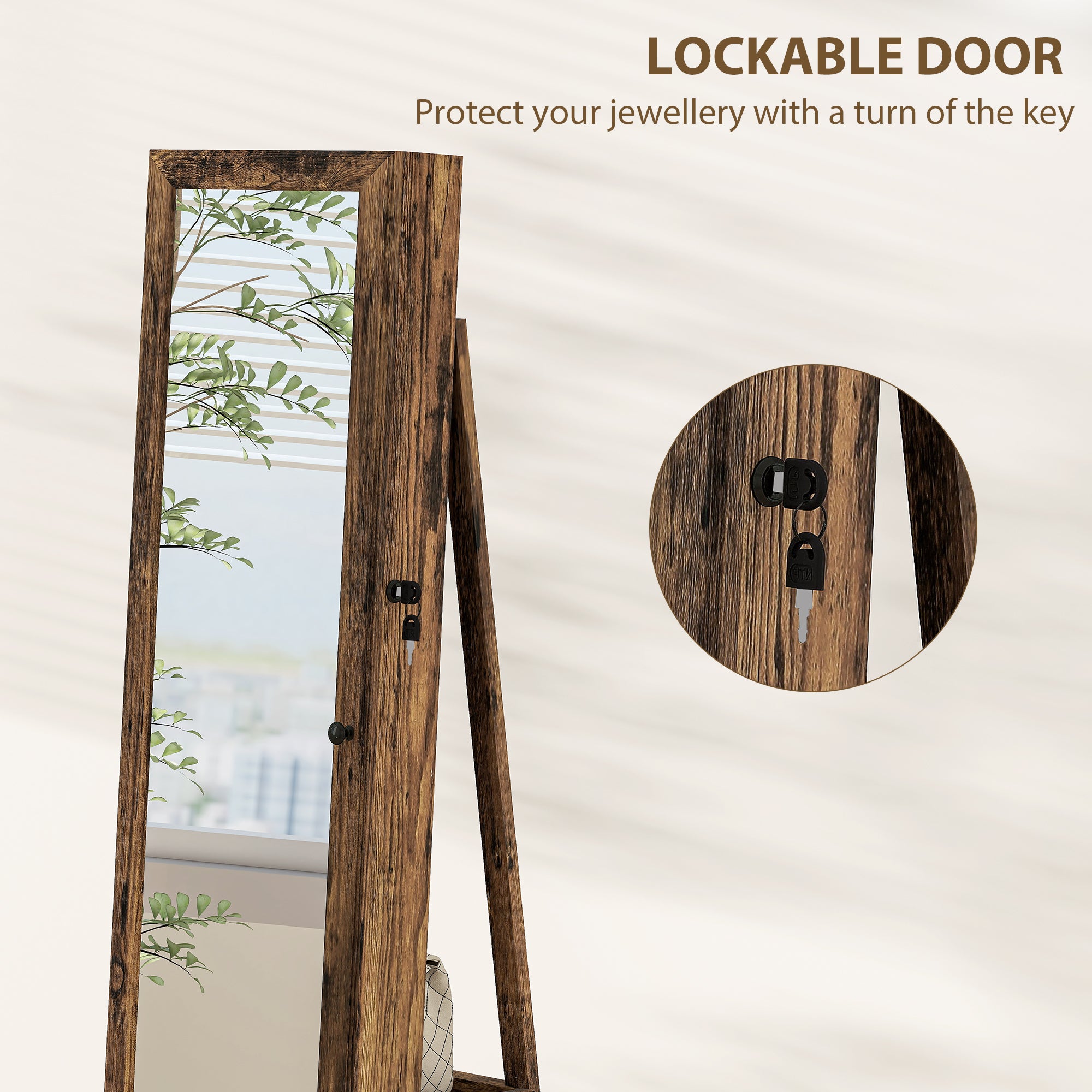 HOMCOM 360√Ç¬∞ Swivel Jewellery Cabinet, Free Standing Full Length Mirror with Storage, Lockable Jewellery Organiser with Built-in Makeup Mirror and Storage Shelves for Bedroom, Rustic Brown