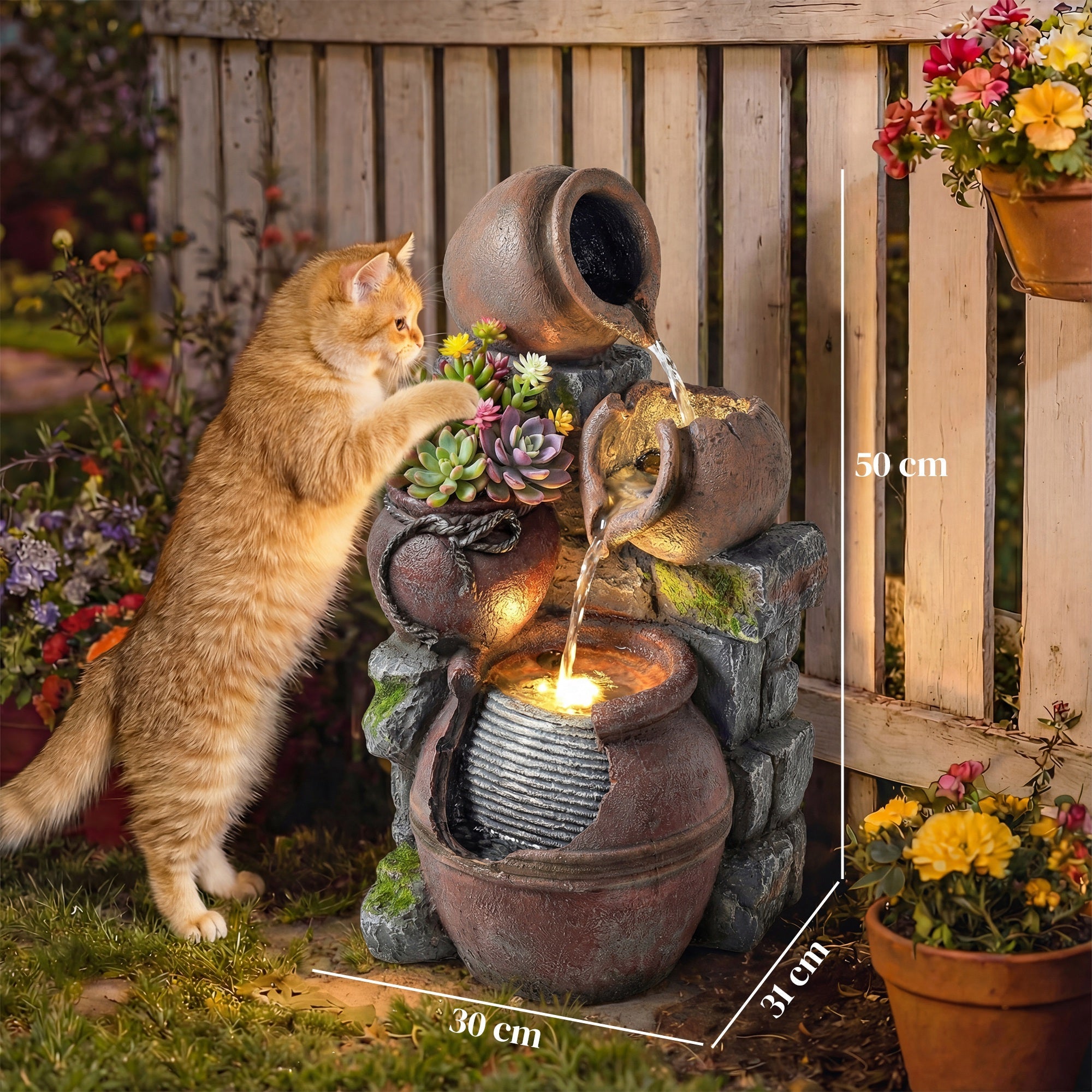 Outsunny Outdoor Fountain with 4-Tier Rustic Pots & Planter, Garden Fountain with LED Lights, Rustic Brown