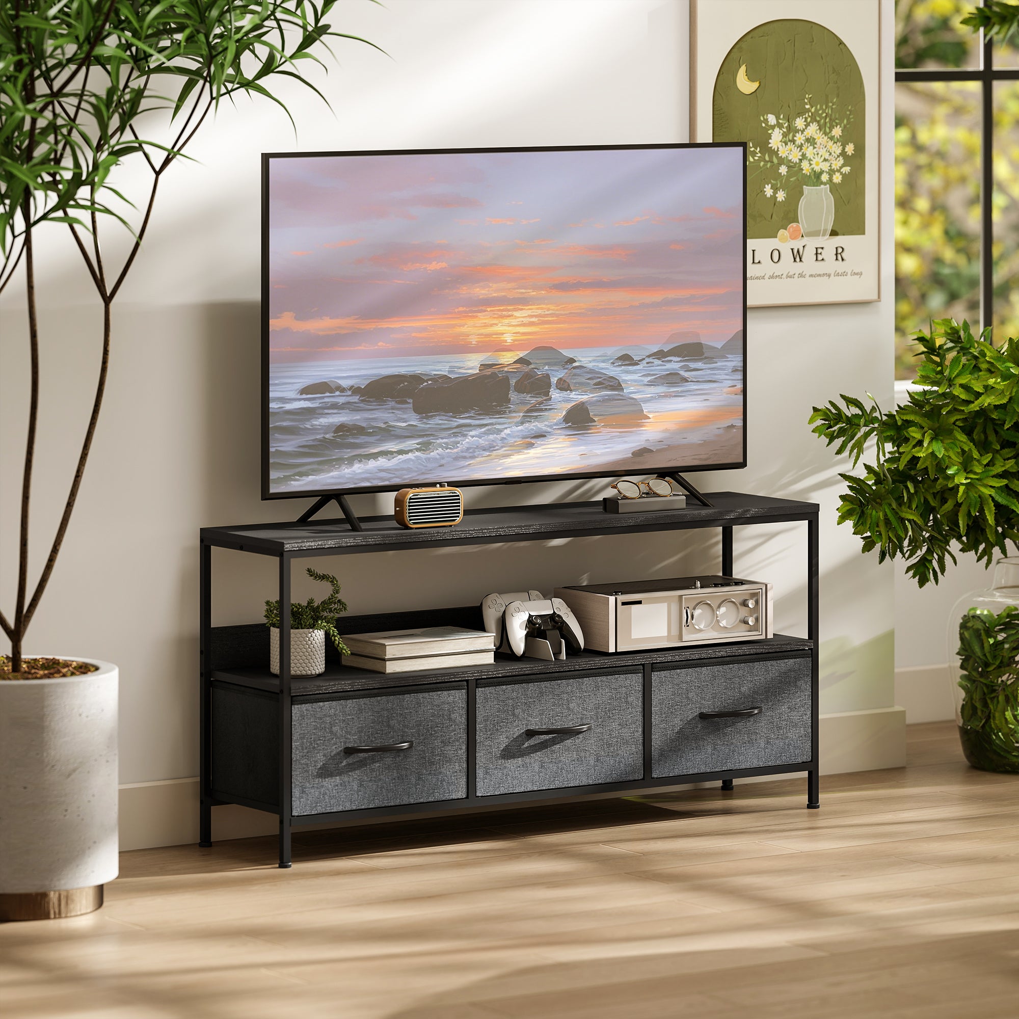 HOMCOM TV Stand Cabinet with 3 Foldable Drawers - Black