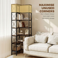 HOMCOM 6-Tier L-Shaped Bookshelf, Freestanding Corner Bookcase with Metal Frame, Rustic Brown