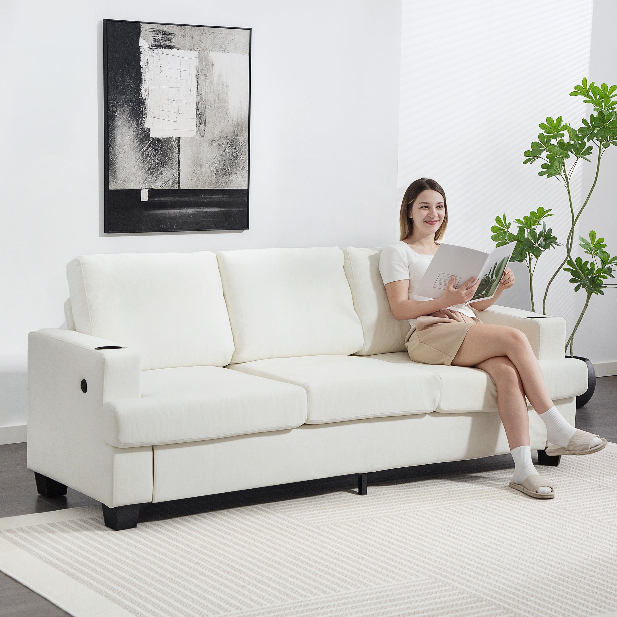 HOMCOM 3 Seater Sofa with USB Ports & Cup Holders - Cream White