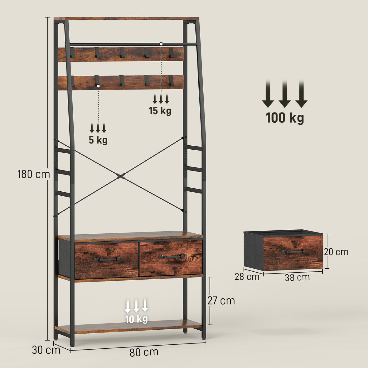 HOMCOM 6-in-1 Industrial-Style Hallway Organiser - Brown/Black