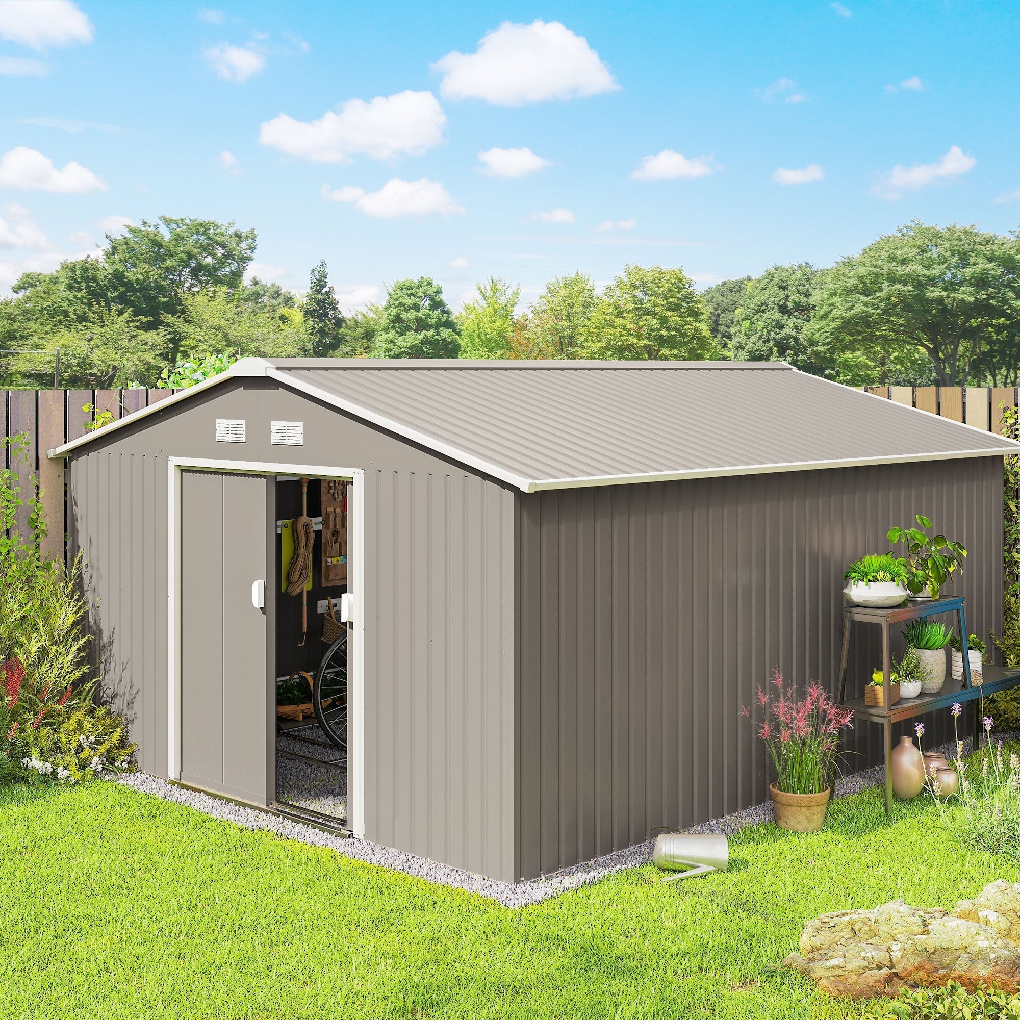 Outsunny 13 x 11ft Large Garden Shed, Mental Garden Storage Shed with Foundation Kit Ventilation & Doors, Light Grey