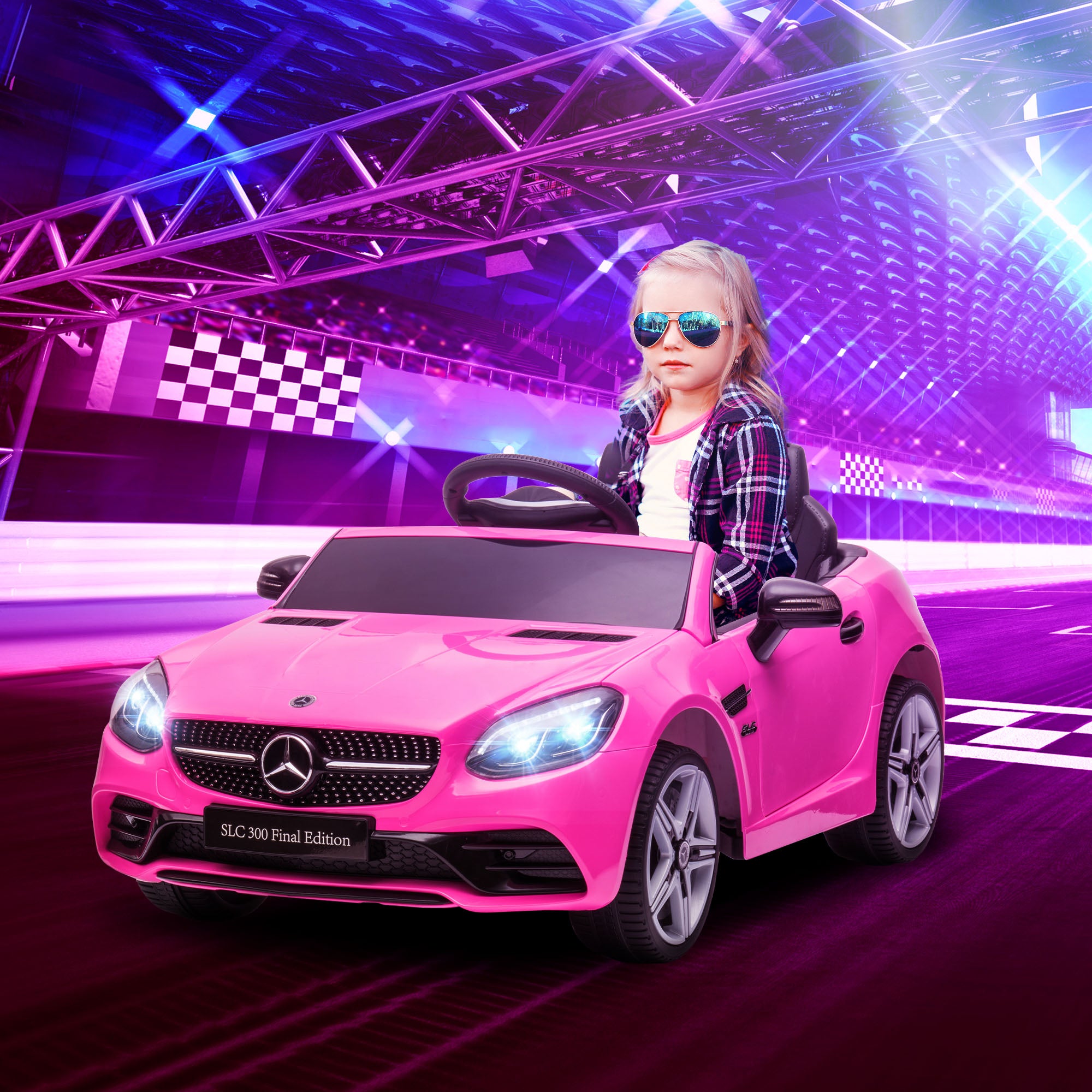 HOMCOM Benz SLC 300 Licensed 12V Kids Electric Ride On, with Music, Remote Control, LED Headlights, Horn, Pink