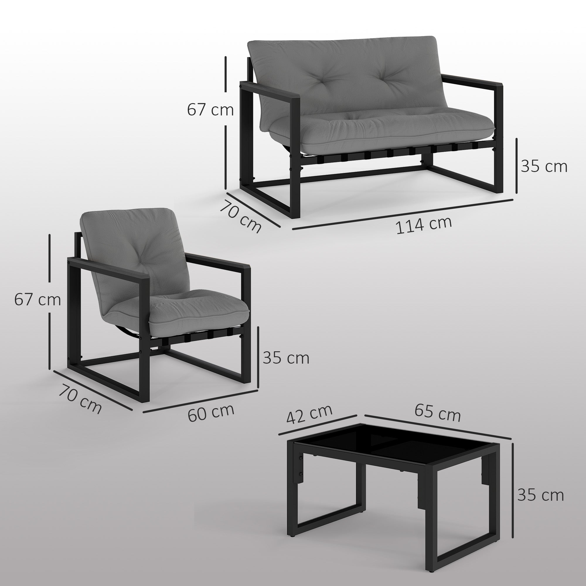 Outsunny Garden Furniture Set, 4 Piece Indoor Outdoor Conservatory with Loveseat Sofa, Armchairs, Glass Top Coffee Table, Cushions for Balcony, Poolside, Patio, Dark Grey
