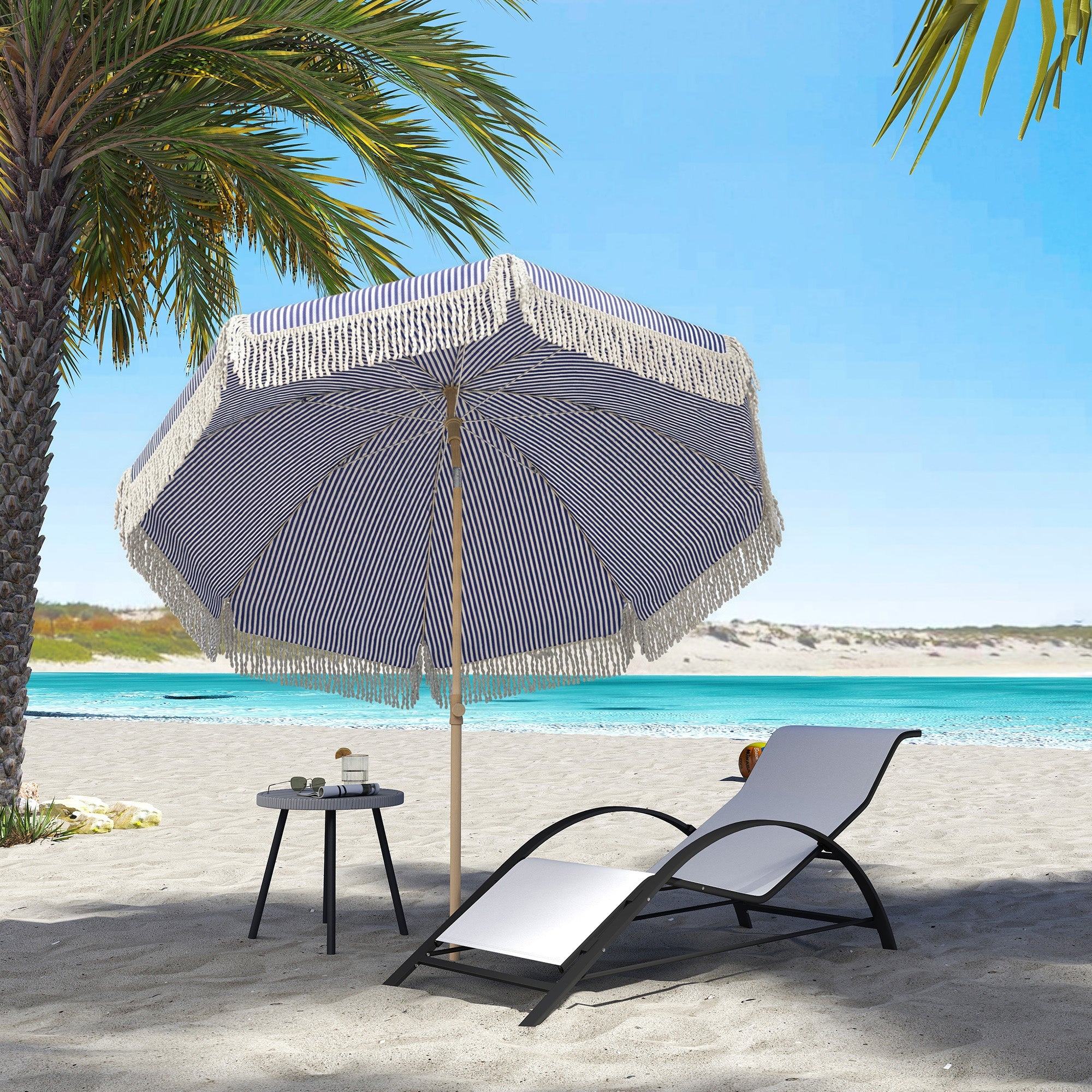 Outsunny 1.7 m Beach Umbrella with Sand Anchor, 30Â° Tilting Fringed Beach Garden Parasol with Adjustable Height, Blue