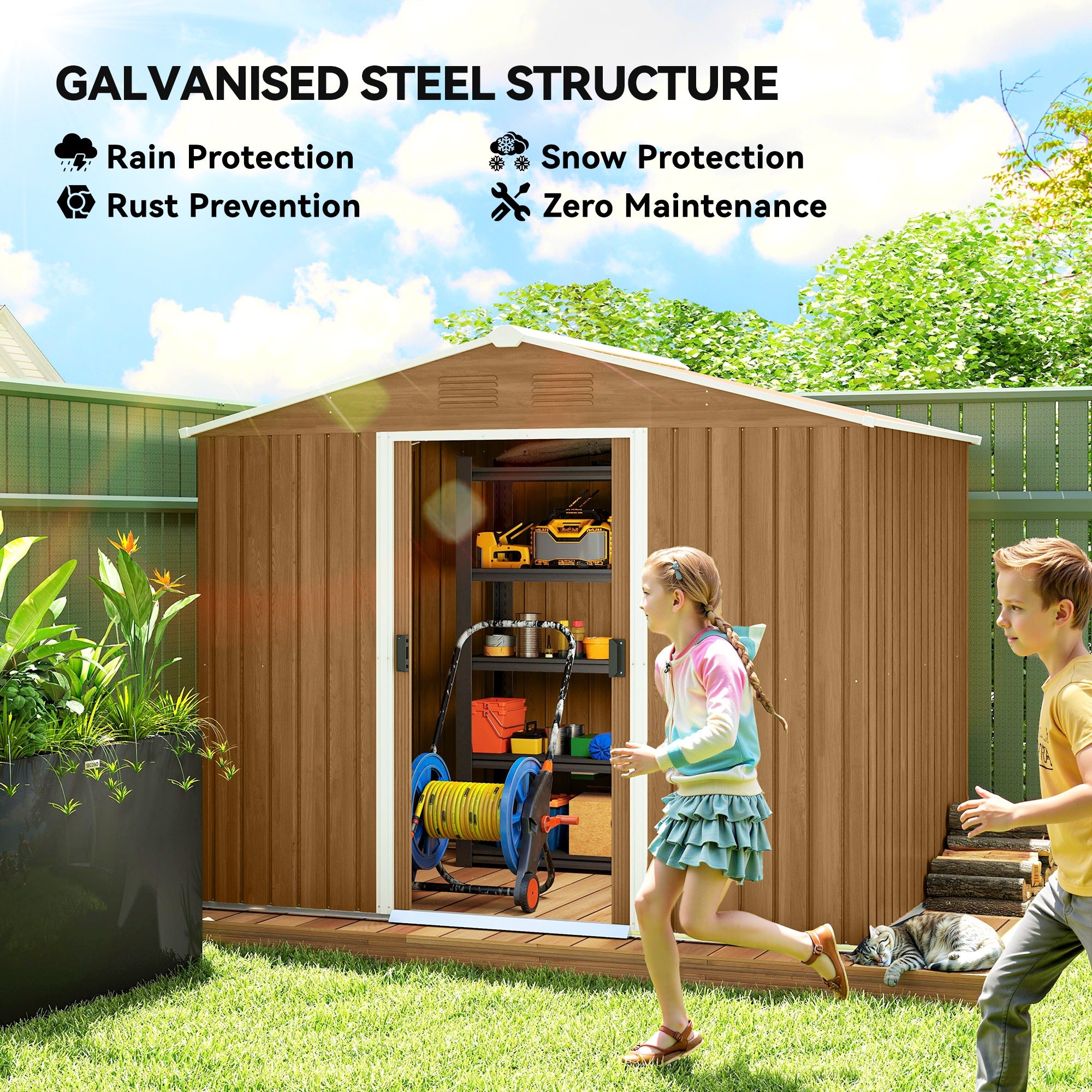 Outsunny 8 x 6ft Galvanised Steel Shed, with Double Door - Brown