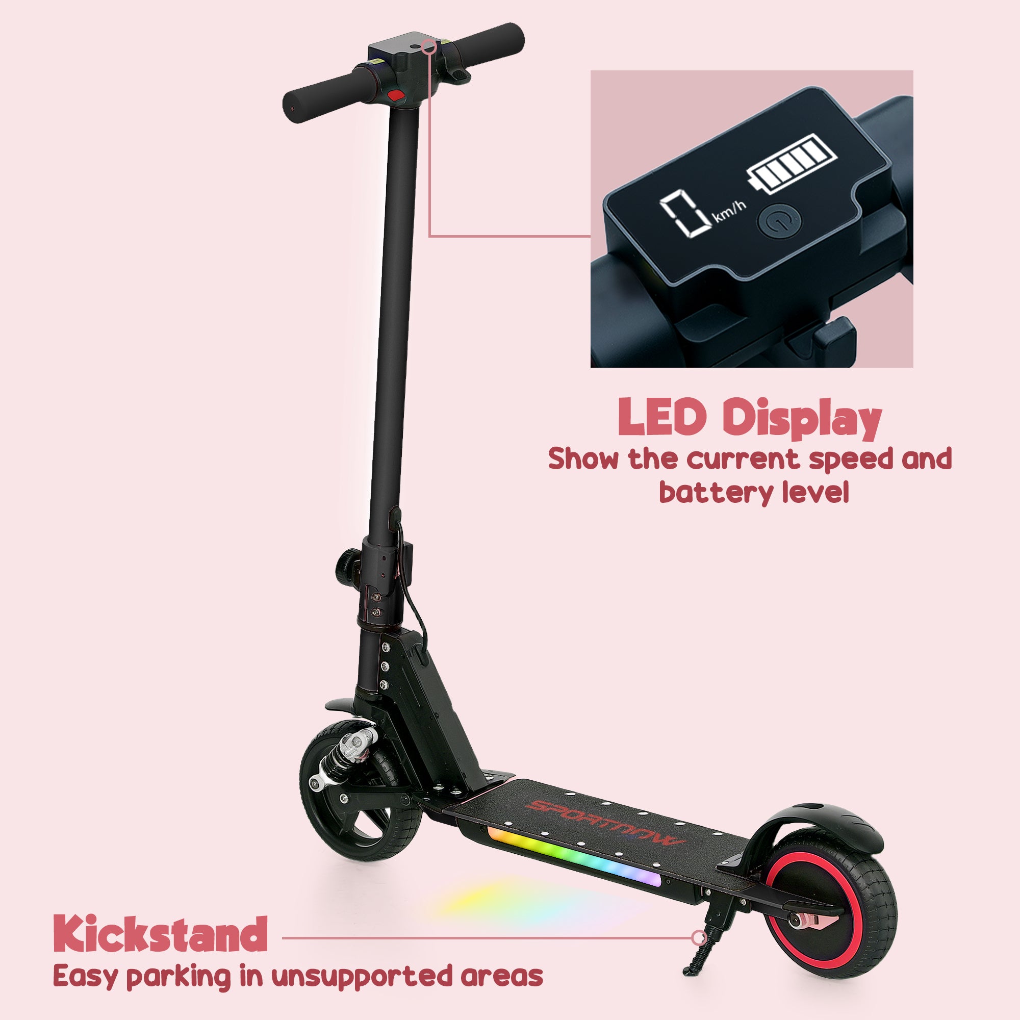 SPORTNOW Folding Electric Scooter for Kids, with Dual Brakes, Front Suspension, LED Colourful Lights, Black
